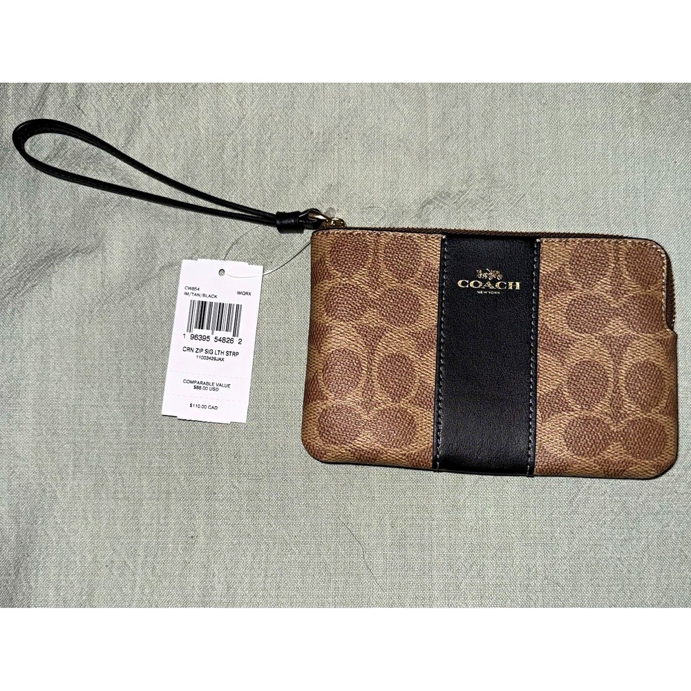 Coach Signature Logo Zip Wristlet Wallet Brown/Black Wrist Strap Card Slots